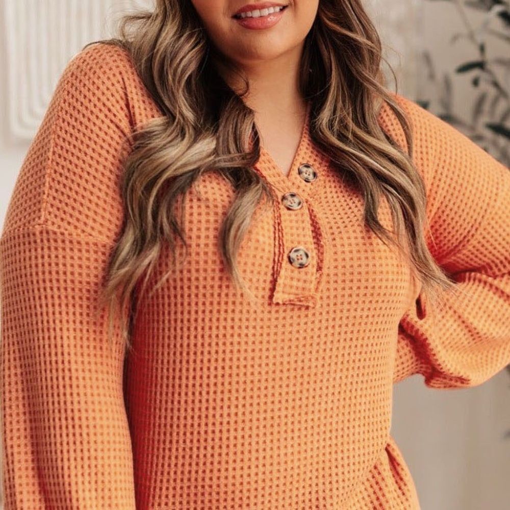 Plus size orange waffle knit long sleeve top v neck button
